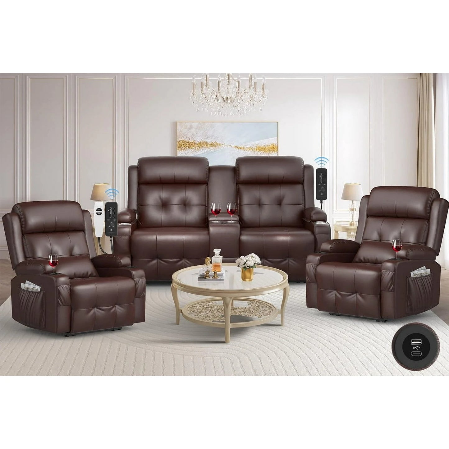 LOBERFVE Sofá Reclinable, Juegos de Sofás Reclinables de Dos Plazas de Masaje, Sillón de Dos Plazas con USB, Puerto Tipo C, Almacenamiento, Portavasos, Sofá Abrazable de Pared para Sala de Estar, Marrón 2+1+1