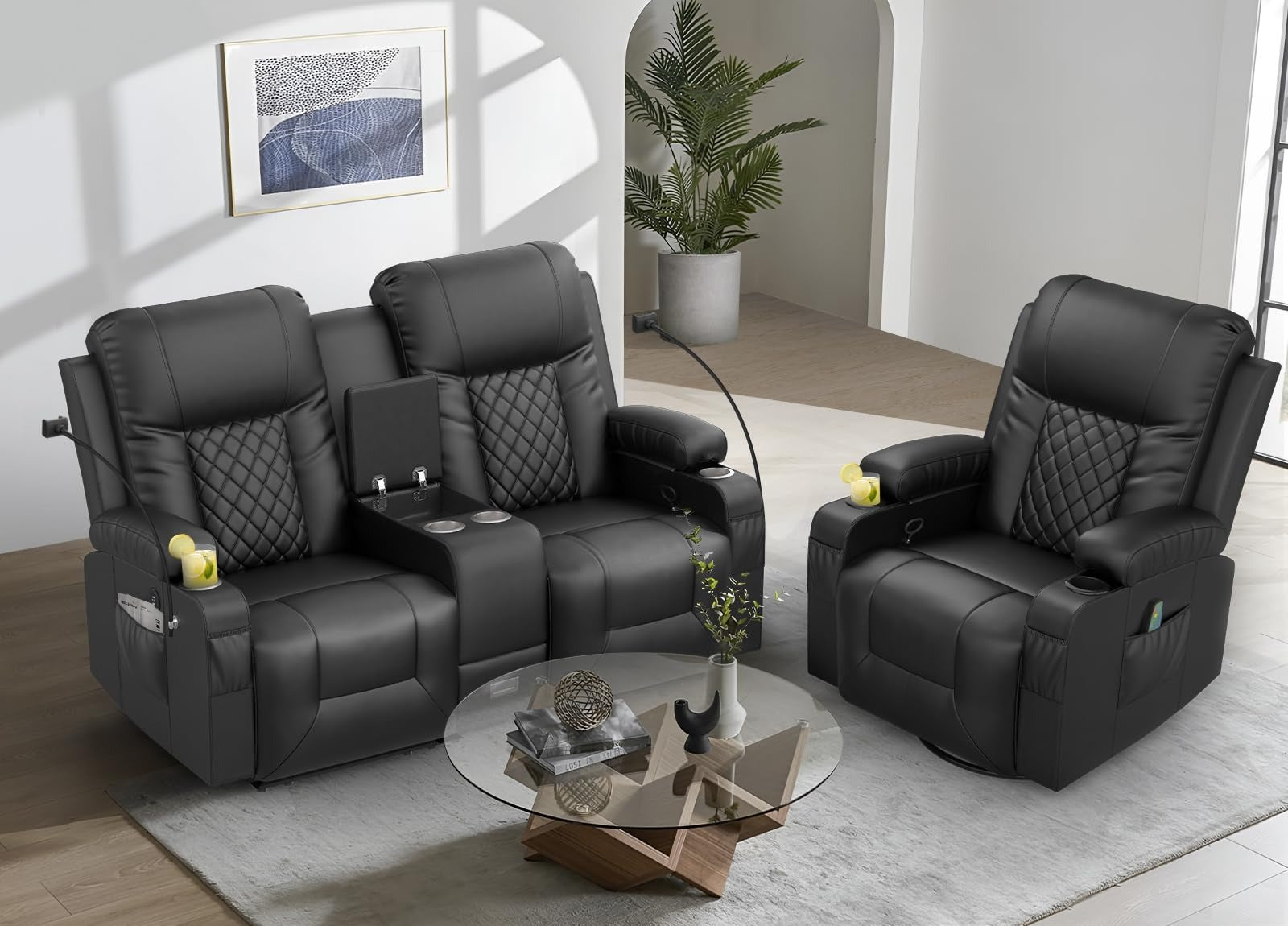 LOBERFVE Living Room Furniture Set Recliner 2 Seater and 360 Swivel R