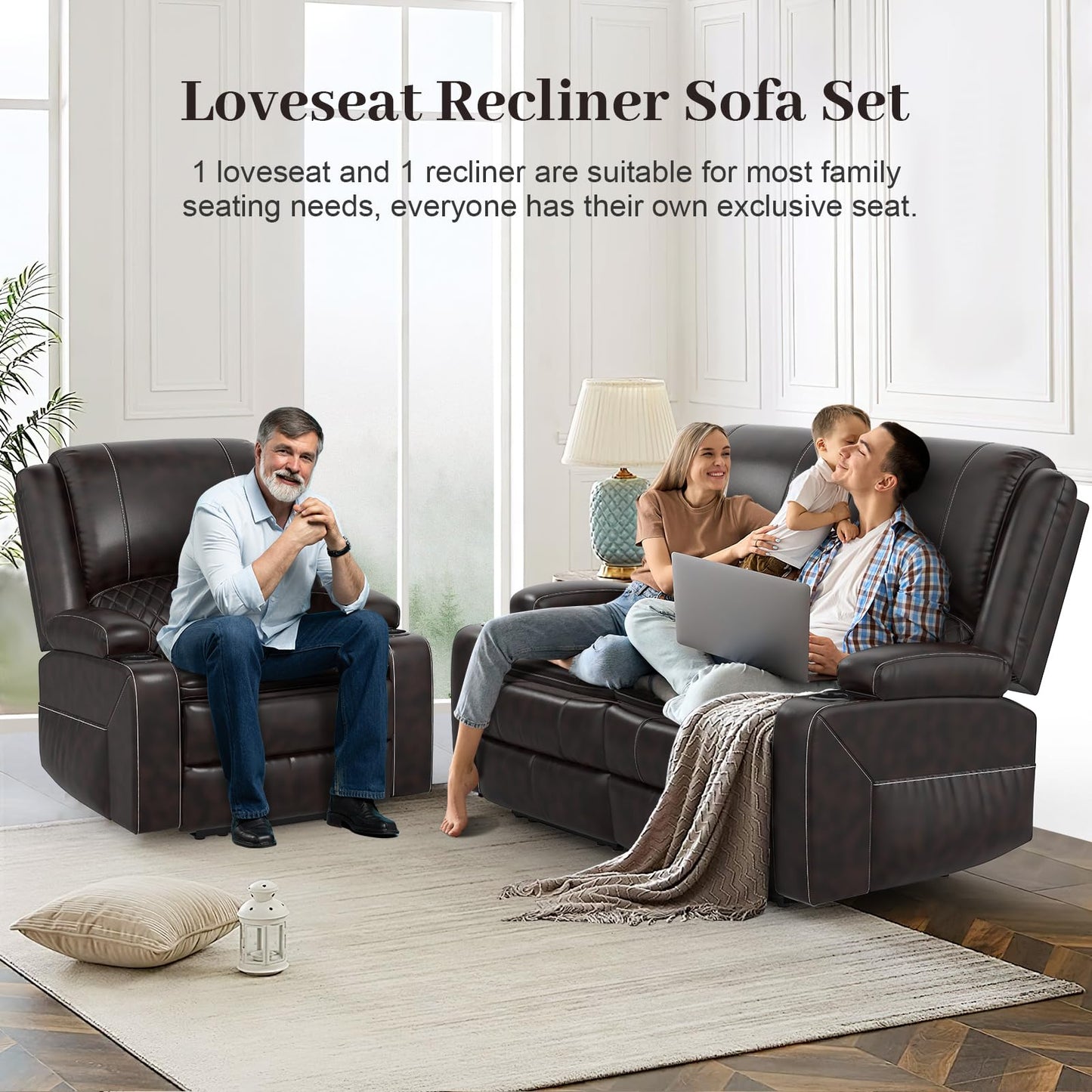 LOBERFVE Recliner Sofa Set with 2-Tier Cushion, 2+1 Pieces in Living Room, 2 Seater Reclining Loveseat Leather with Removable Console, 1 Oversize Recliner Chair Sofa Seat, Brown