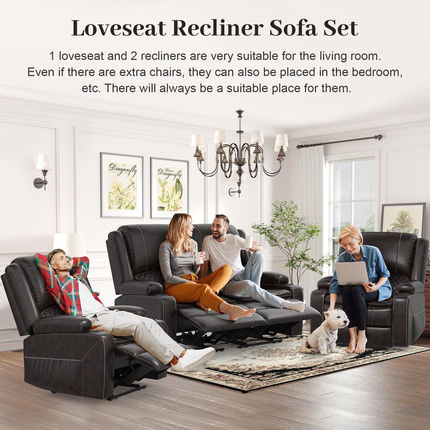 LOBERFVE Recliner Sofa Set with 2-Tier Cushion, 2+1+1 Pieces in Living Room, 2 Seater Reclining Loveseat Leather with Removable Console, 2 Oversize Recliner Chair Sofa Seat, Brown