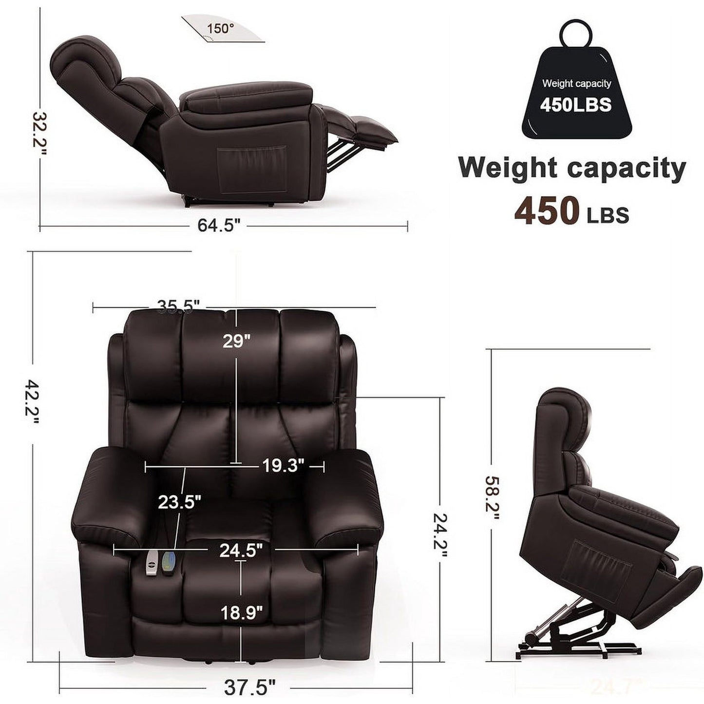 LOBERFVE Power Lift Recliner Chair with Heat and Massage for Elderly, Electric Recliner Chairs with 2 Cup Holders, USB Charge Port, Breathable Leather Brown