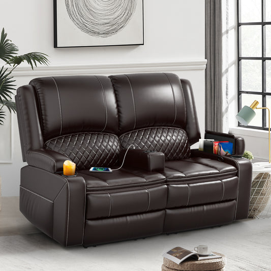 LOBERFVE Loveseat Recliner Sofa, Manual Recliner Chair with Removable Armrest, 2-Tier Cushions, USB Charging Ports, Cup Holders, Faux Leather Reclining Loveseat for Adults, Brown