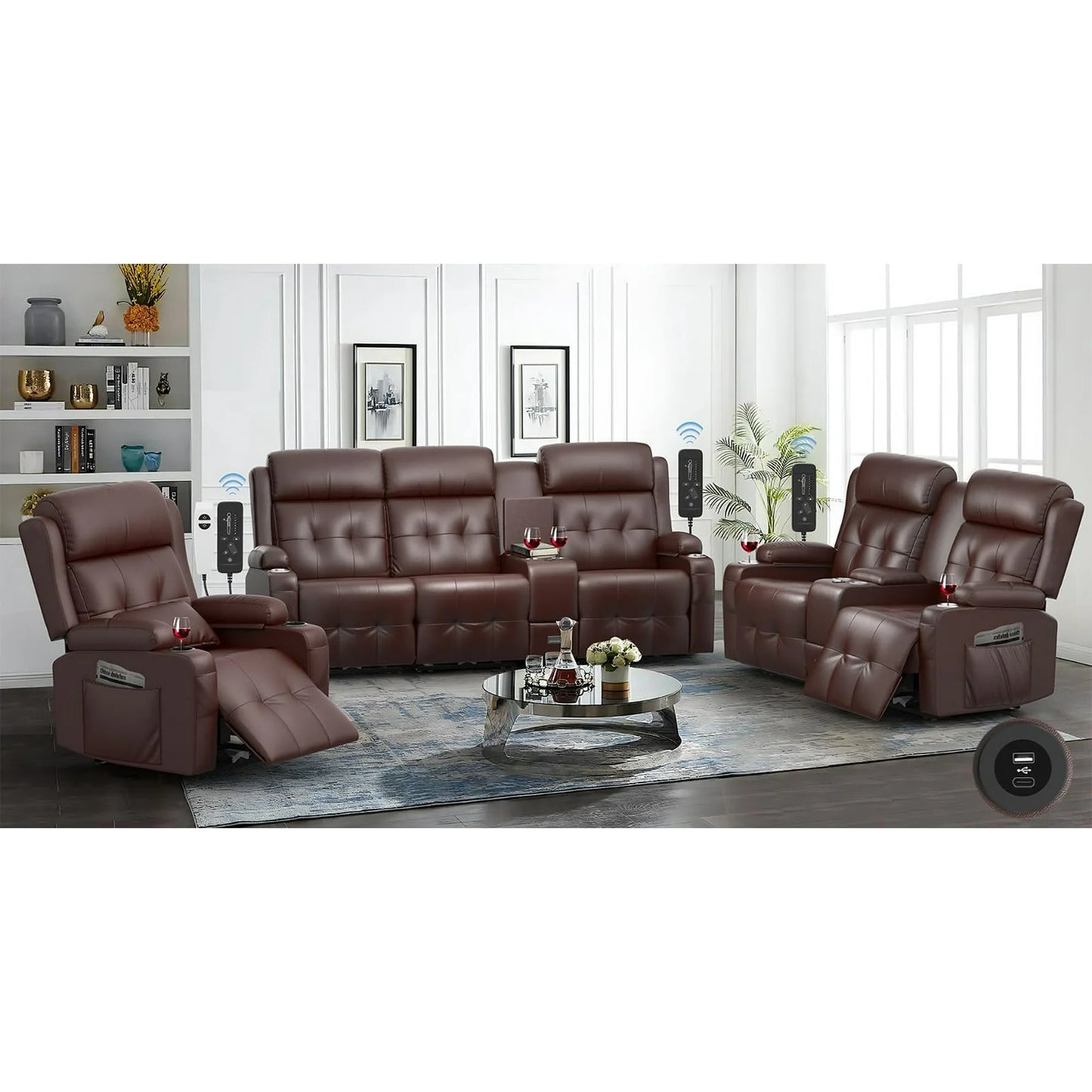 Loberfve Sofá Reclinable, Sofá de Dos Plazas Reclinable de Masaje con Consola, USB, Puerto Tipo C, Almacenamiento, Portavasos, Sillones Reclinables Manuales para Sala de Estar, Marrón