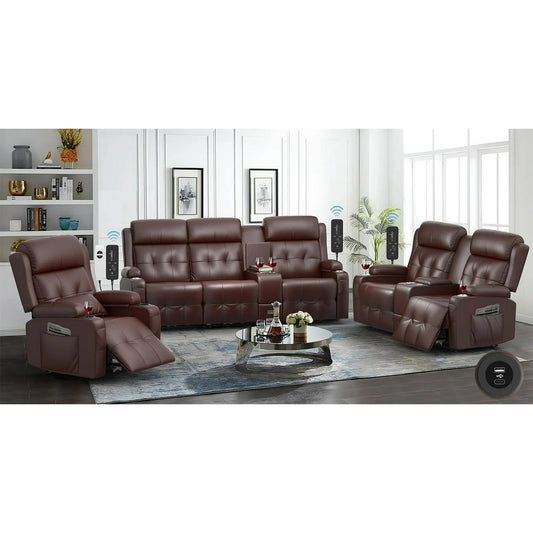 Loberfve Sofá Reclinable, Sofá de Dos Plazas Reclinable de Masaje con Consola, USB, Puerto Tipo C, Almacenamiento, Portavasos, Sillones Reclinables Manuales para Sala de Estar, Marrón