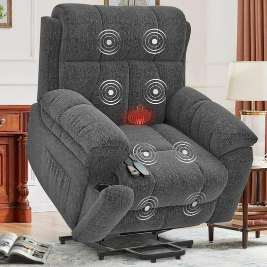 Oversized Lift Chairs Recliner for Elderly with Massage and Heat, Overstuffed Wide Recliners, Recliner Chairs for Adults with 2 Concealed Cup Holders, USB Ports, Deep Gray