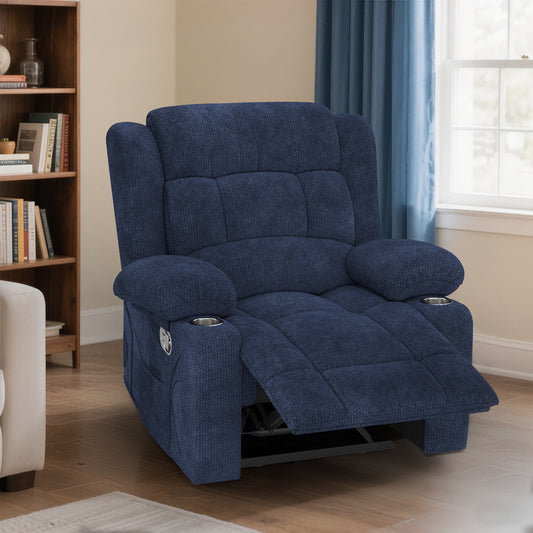 Loberfve Recliner Chair for Adults, Oversized Fabric Manual Pull Tab Recliner Chair with Cup Holders, Recliner Chair for Living Room, RV, Blue