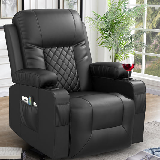 LOBERFVE Recliner Chair Swivel Glider, Faux Leather Living Room Nursery Reclining Sofa Chair with Heated, Cup Holders, Massage Single Sofa for Adults, Black