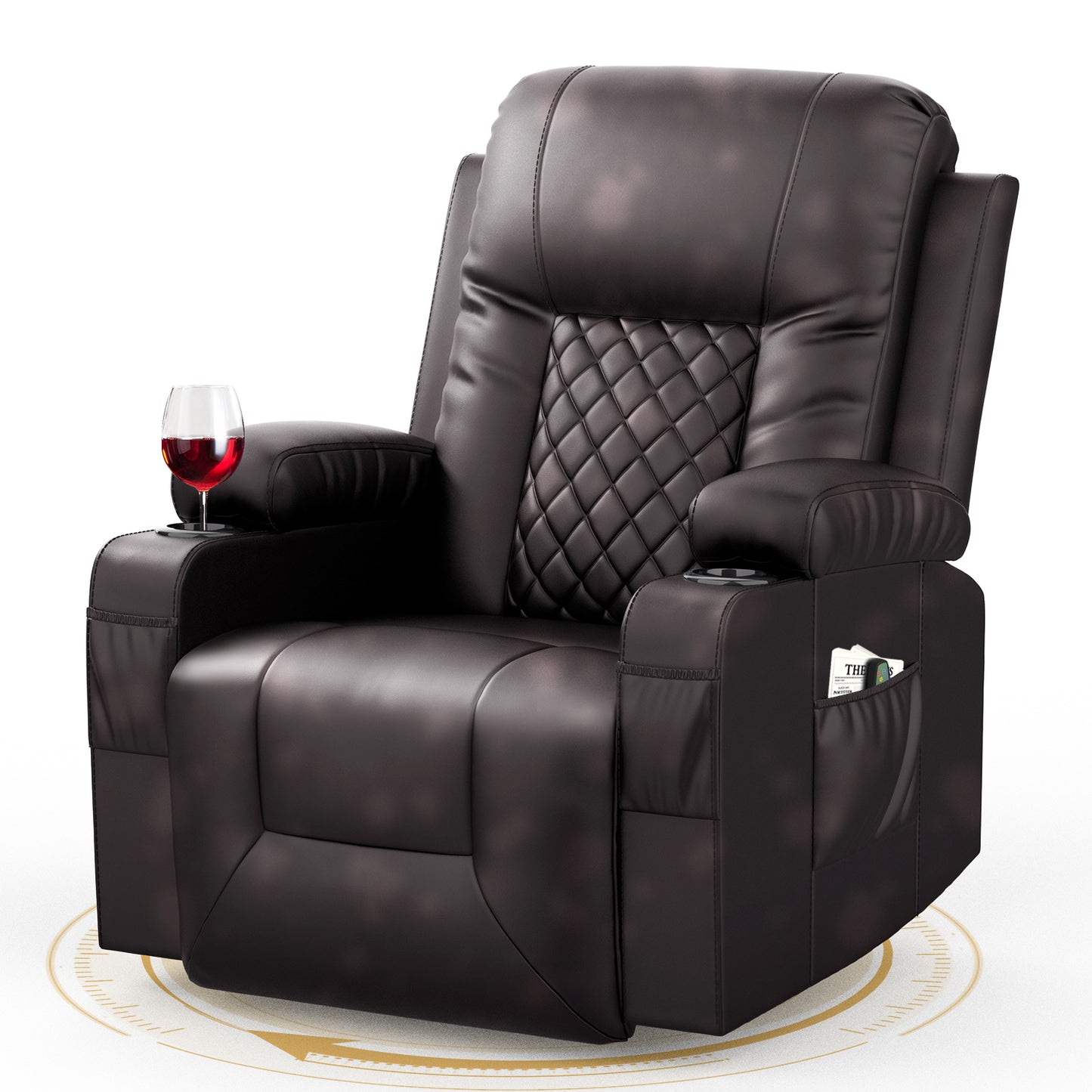 LOBERFVE Recliner Chair Swivel Glider, Faux Leather Living Room Nursery Reclining Sofa Chair with Heated, Cup Holders, Massage Single Sofa for Adults, Black