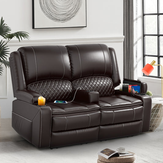 LOBERFVE Loveseat Recliner, Manual Reclining Loveseat with Removable Armrest, Faux Leather Recliner Chair for Adults with 2-Tier Cushions, USB Charging Ports, Cup Holders - Brown