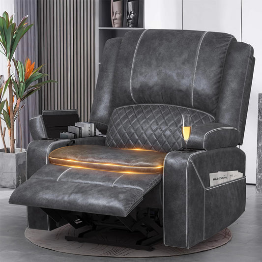 LOBERFVE Recliner for Adults, Oversize Manual Reclining Chairs with 2-Tier Cushions, Faux Leather Recliner Chairs with Hidden Storage Space, Living Room Recliner Chairs with Cup Holders, Gray