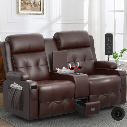 LOBERFVE Loveseat, 2 Seater Manual Recliner with Cup Holders, USB and Type-C Port, Faux Leather Recliner Chair with Massage Function for Living Room Furniture, Brown