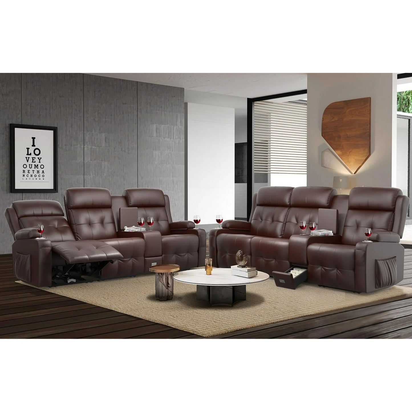 Loberfve Sofá Reclinable, Sofá de Dos Plazas Reclinable de Masaje con Consola, USB, Puerto Tipo C, Almacenamiento, Portavasos, Sillones Reclinables de Gran Tamaño para Sala de Estar, Marrón