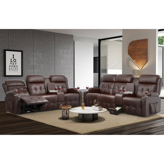 Loberfve Sofá Reclinable, Sofá de Dos Plazas Reclinable de Masaje con Consola, USB, Puerto Tipo C, Almacenamiento, Portavasos, Sillones Reclinables de Gran Tamaño para Sala de Estar, Marrón