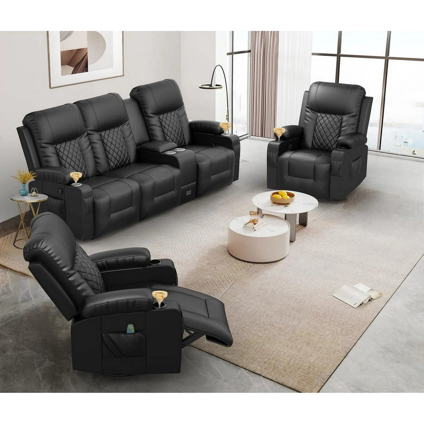 LOBERFVE Juego de Sofás Reclinables, Sofá Reclinable de 3 Plazas y Sillón Reclinable Giratorio de 360° de 2 Pzas con Calor y Masaje para Adultos (3+1+1), Muebles de Salón