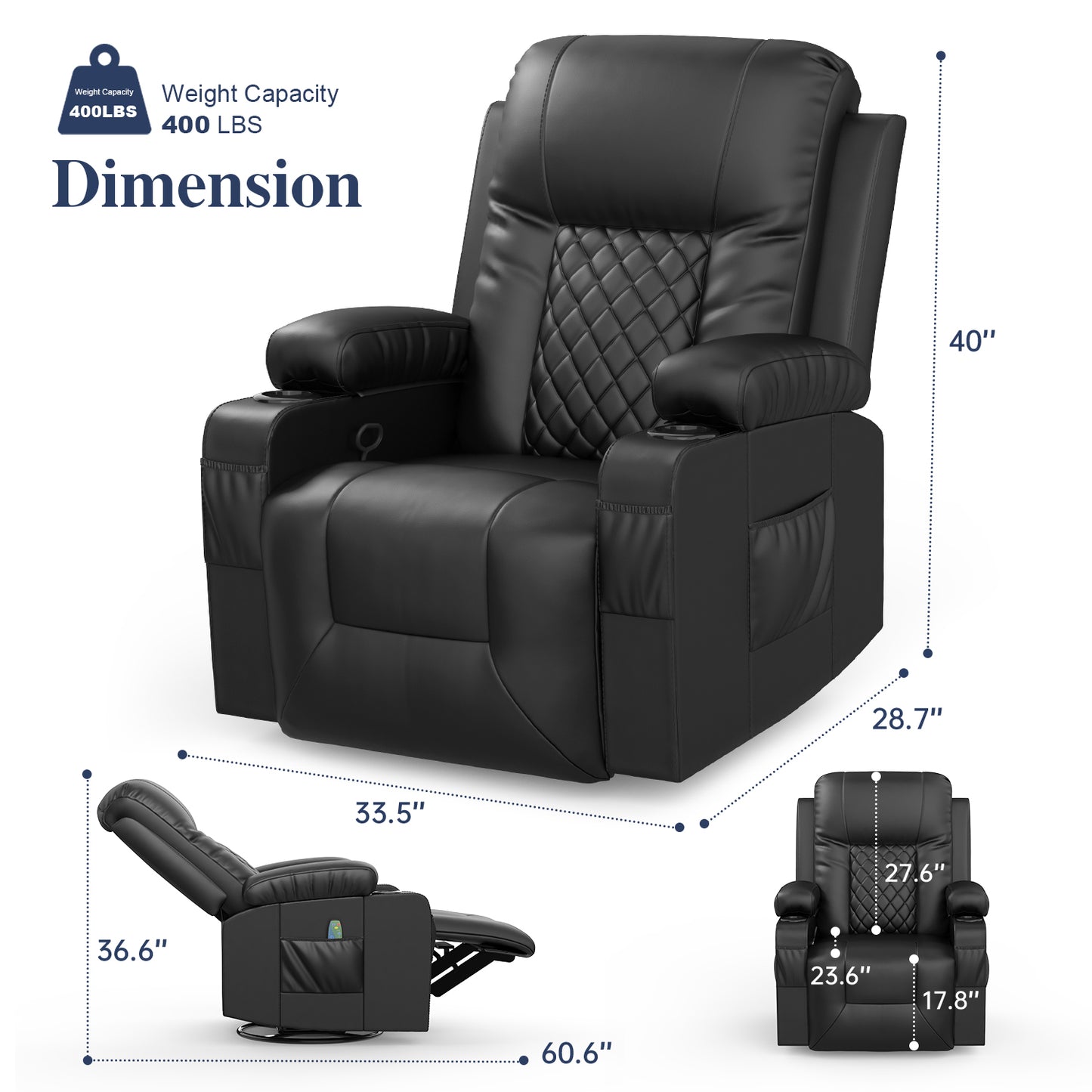 LOBERFVE Recliner Chair Swivel Glider, Faux Leather Living Room Nursery Reclining Sofa Chair with Heated, Cup Holders, Massage Single Sofa for Adults, Black