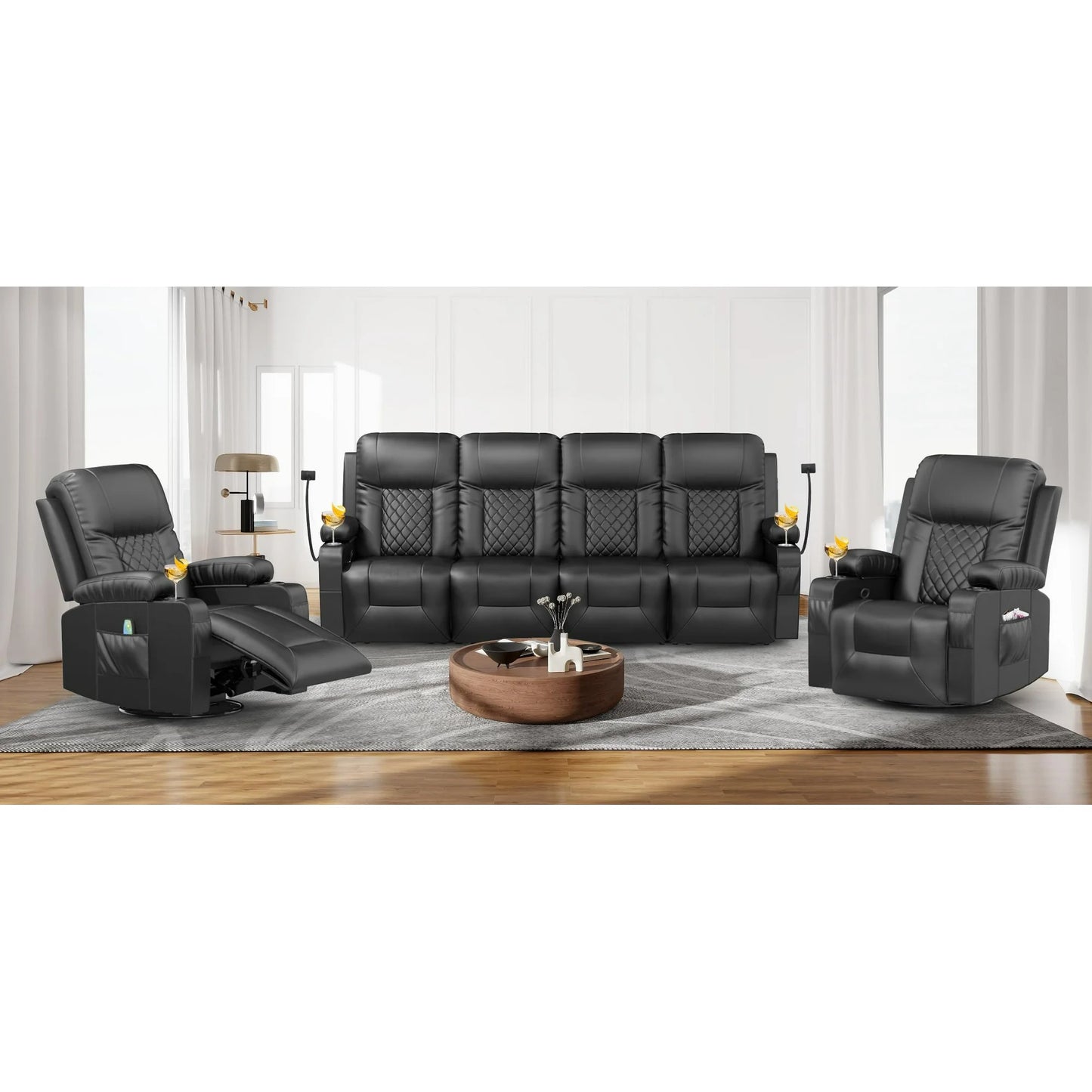 LOBERFVE Juego de Sofás Reclinables con 4+1+1 Piezas en Sala de Estar, Sofá Reclinable de 4 Plazas, 2 Sillas Reclinables con Masaje Giratorio de 360 Grados, Asiento Individual