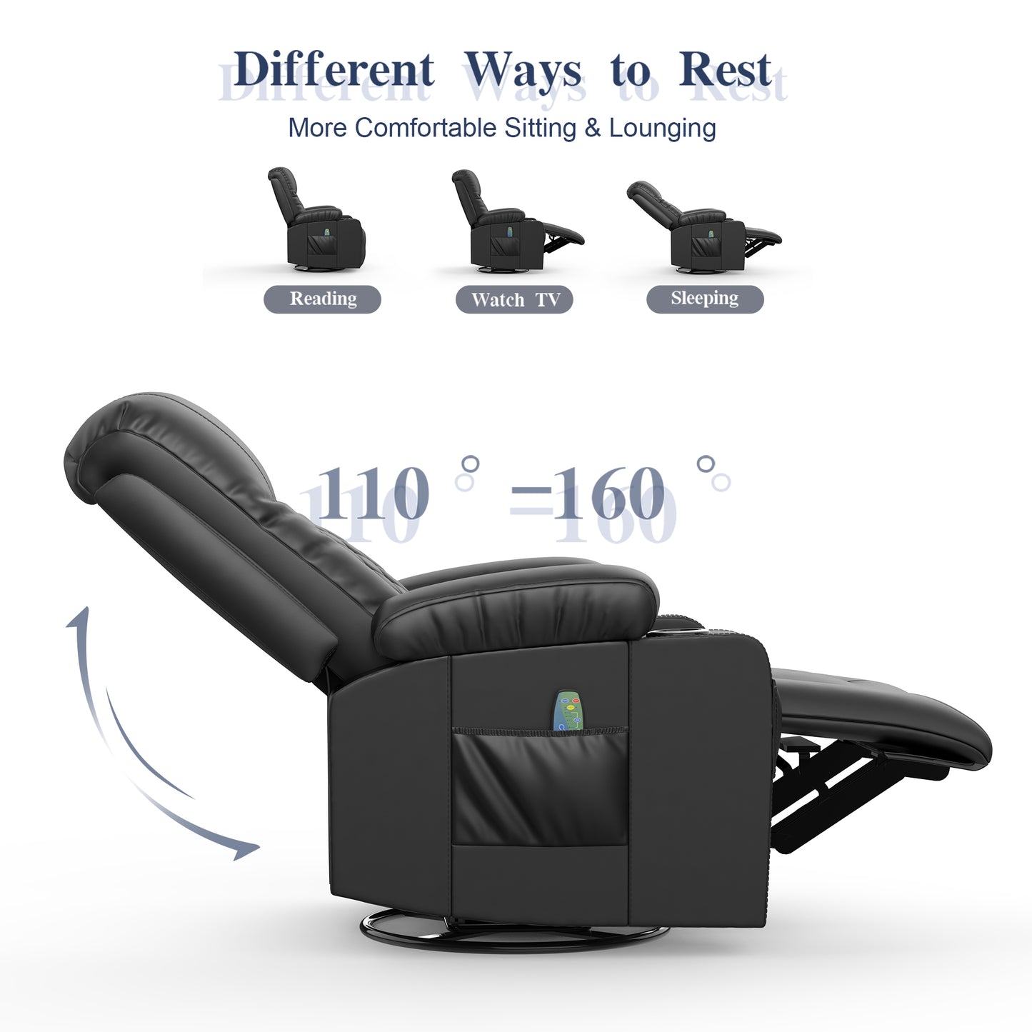 LOBERFVE Recliner Chair Swivel Glider, Faux Leather Living Room Nursery Reclining Sofa Chair with Heated, Cup Holders, Massage Single Sofa for Adults, Black