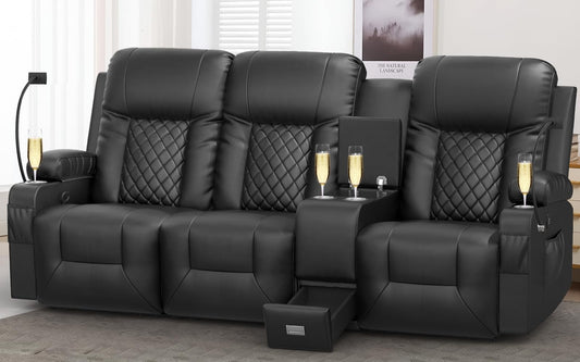 LOBERFVE Loveseat Recliner, 3 Seat Recliner Sofa with Stainless Steel Cup Holder, USB, TYPE-C Interface, 3 Seater Sofa Lounge with Storage Space, Mobile Phone Holder, Couch for Living Room, Black