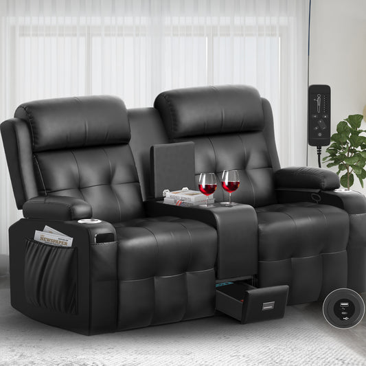 LOBERFVE Loveseat, 2 Seater Manual Recliner with Cup Holders, USB and Type-C Port, Faux Leather Recliner Chair with Massage Function for Living Room Furniture, Black