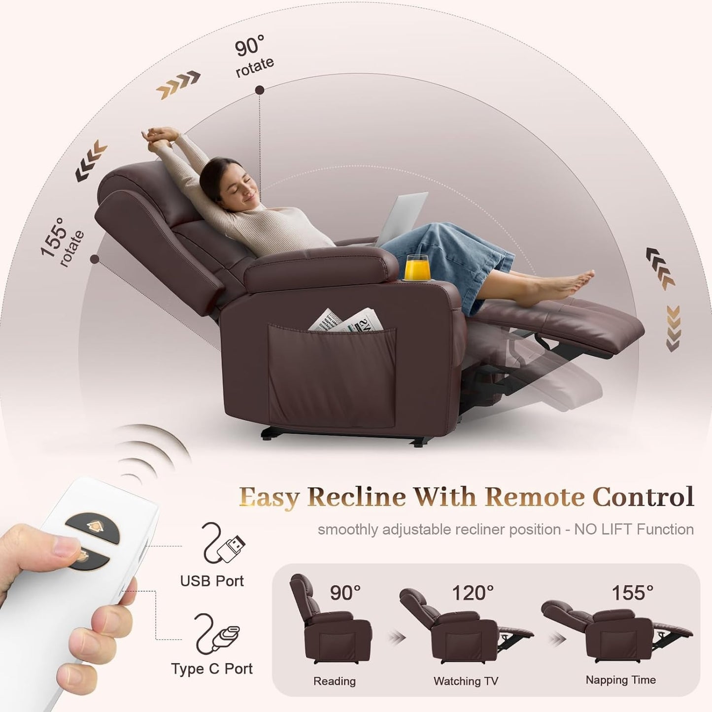 LOBERFVE Electric Power Reclining Chair, Faux Leather Theater Recliner Chair with Cup Holder, Storage Bag, Massage Sofa with Heating Function, USB Port, for Living Room Furniture, Brown