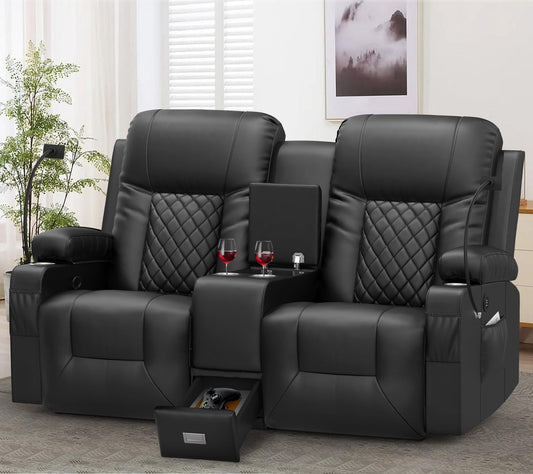 LOBERFVE Loveseat Sofa, Recliner Chair with Stainless Steel Cup Holder, USB Ports, Recliner Lounge with Storage Space, Mobile Phone Holder, Couch for Living Room, Black