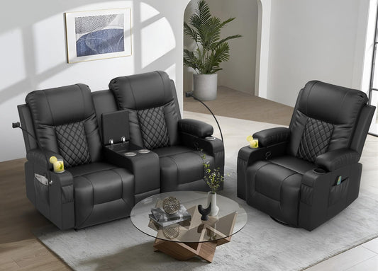 LOBERFVE Living Room Furniture Set, Recliner 2 Seater and 360°Swivel Recliner Chair with Massage, Faux Leather Reclining Sofa 2PC Set for Home Theater (2+1)