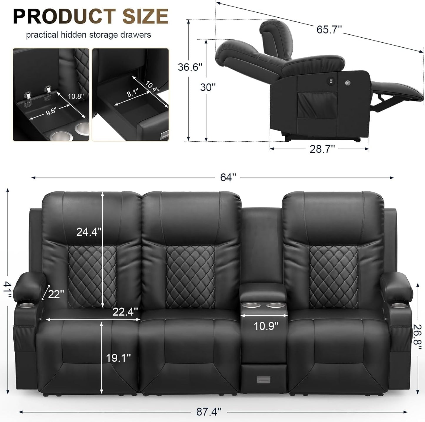 LOBERFVE Loveseat Recliner, 3 Seat Recliner Sofa with Stainless Steel Cup Holder, USB, TYPE-C Interface, 3 Seater Sofa Lounge with Storage Space, Mobile Phone Holder, Couch for Living Room, Black