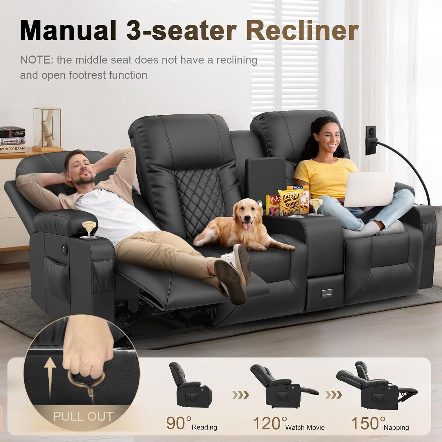 LOBERFVE Loveseat Recliner, 3 Seat Recliner Sofa with Stainless Steel Cup Holder, USB, TYPE-C Interface, 3 Seater Sofa Lounge with Storage Space, Mobile Phone Holder, Couch for Living Room, Black