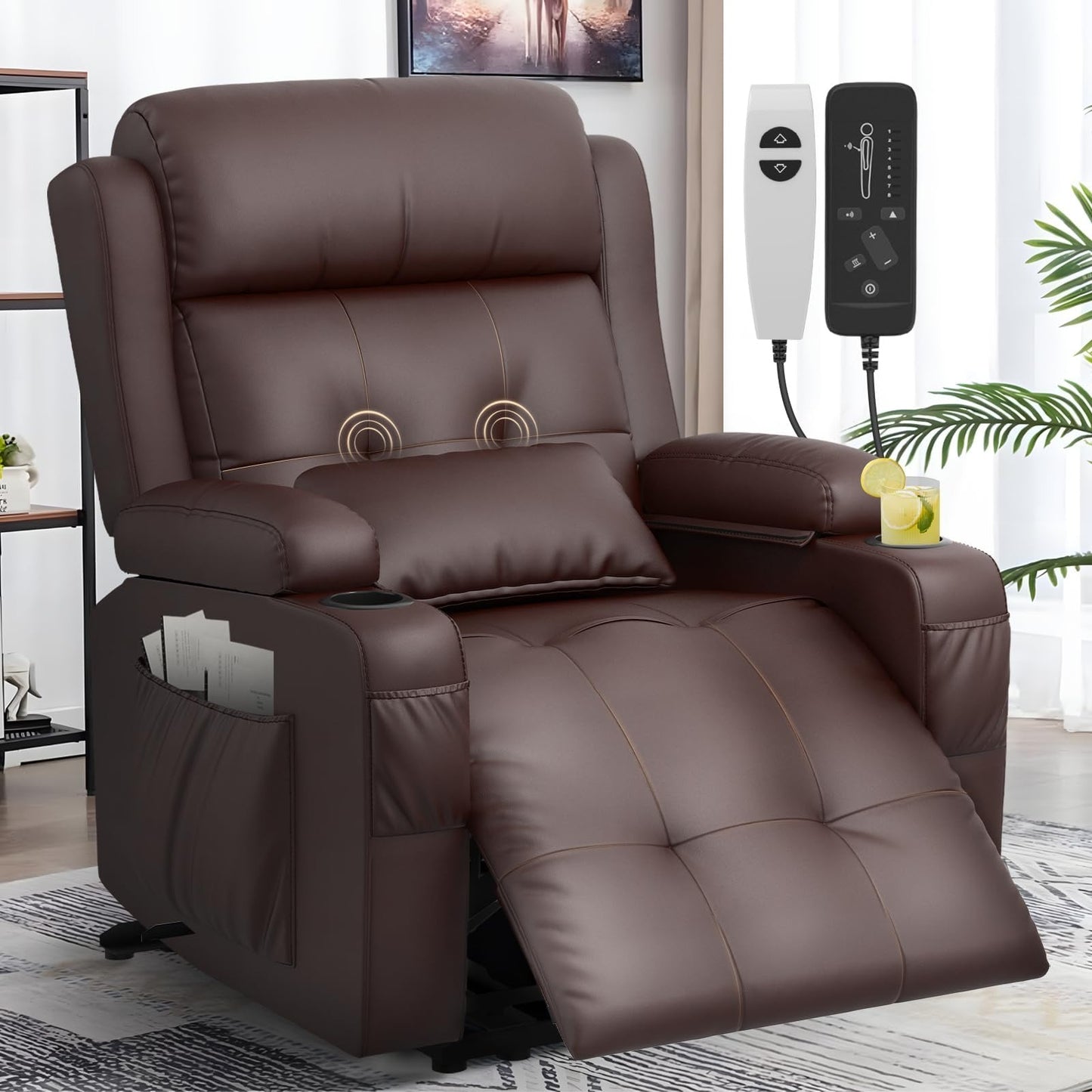 LOBERFVE Electric Power Reclining Chair, Faux Leather Theater Recliner Chair with Cup Holder, Storage Bag, Massage Sofa with Heating Function, USB Port, for Living Room Furniture, Brown