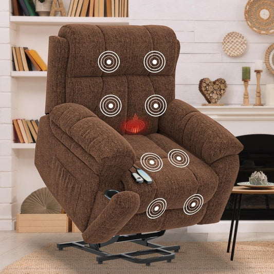 Oversized Lift Chairs Recliner for Elderly with Massage and Heat, Overstuffed Wide Recliners, Recliner Chairs for Adults with 2 Concealed Cup Holders, USB Ports,Brown