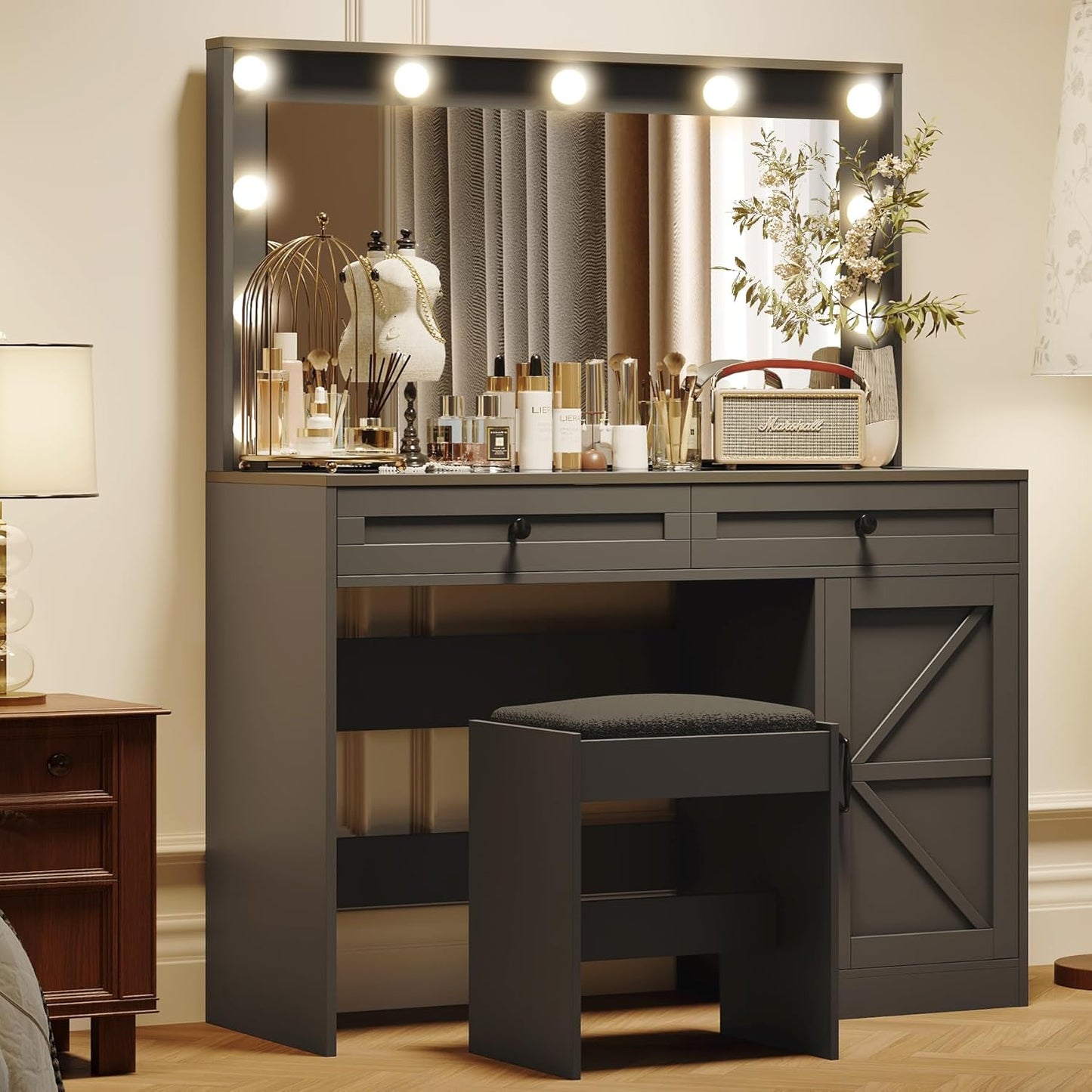 Farmhouse Vanity Makeup Desk, 43" W Vanity Desk with Lights Mirror and Drawers for Makeup, Big Modern Vanity Table Set with Vanity Stool for Bedroom, Black