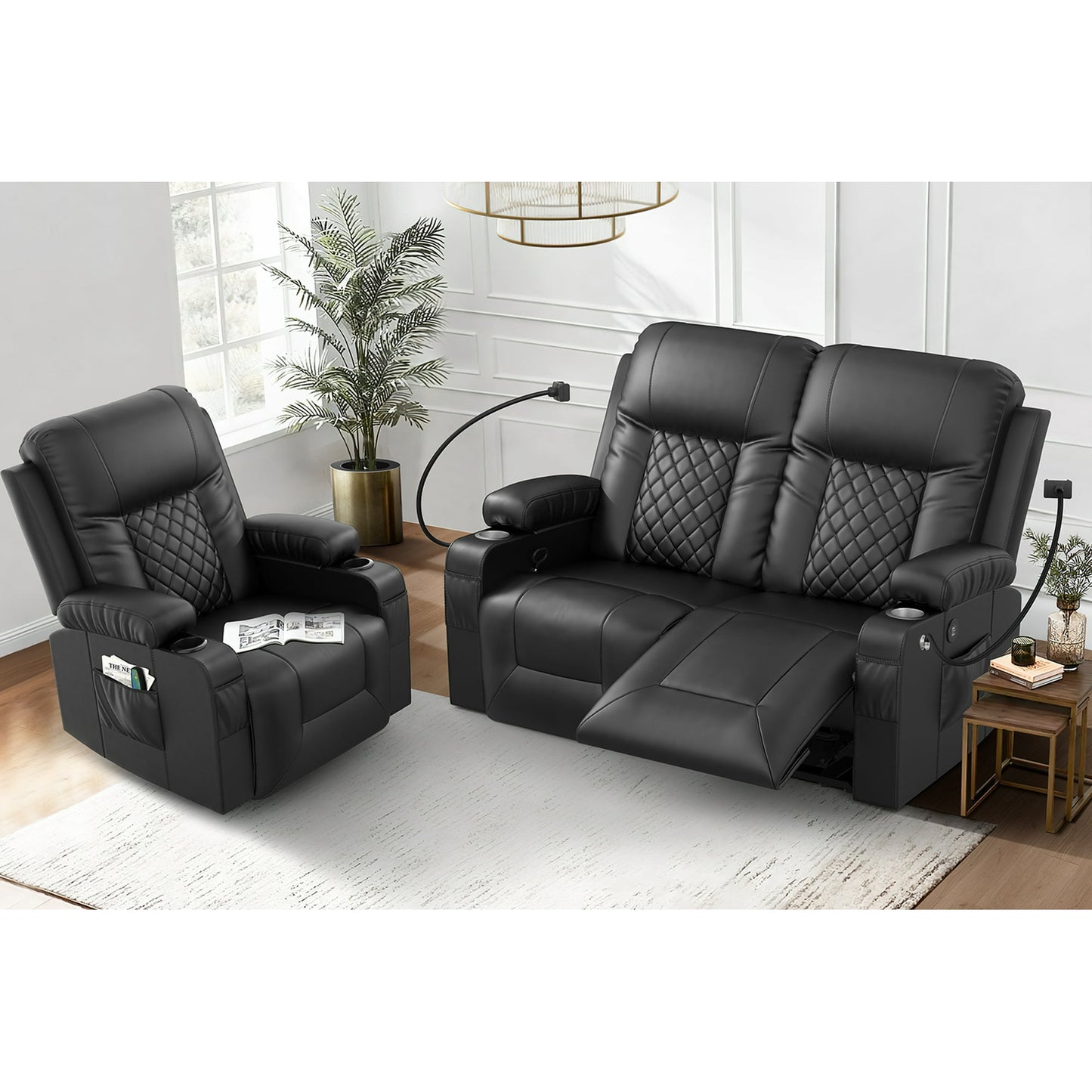 LOBERFVE Living Room Furniture Set, Loveseat Recliner 2 Seater and 360° Swivel Recliner Chair with Heat and Massage, Luxury Reclining Sofa 2PC Set for Living Room