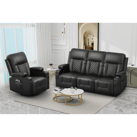 LOBERFVE Recliner Sofa Set, Modern 3 Seat Reclining Sofa and 1 Seat 360° Swivel Recliner Chair with Heat and Massage for Living Room (3 Seat Sofa+Recliner Chair)