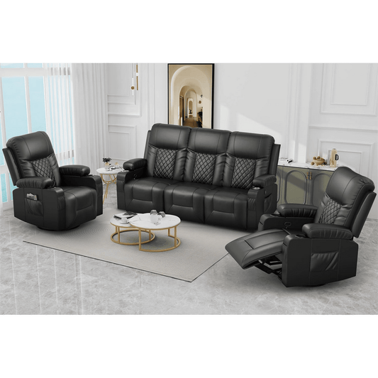 LOBERFVE Recliner Sofa Set, Modern 3 Seat Reclining Sofa and 2 Seat 360° Swivel Recliner Chair with Heat and Massage for Living Room (3 Seat Sofa+ 2 Recliner Chair)