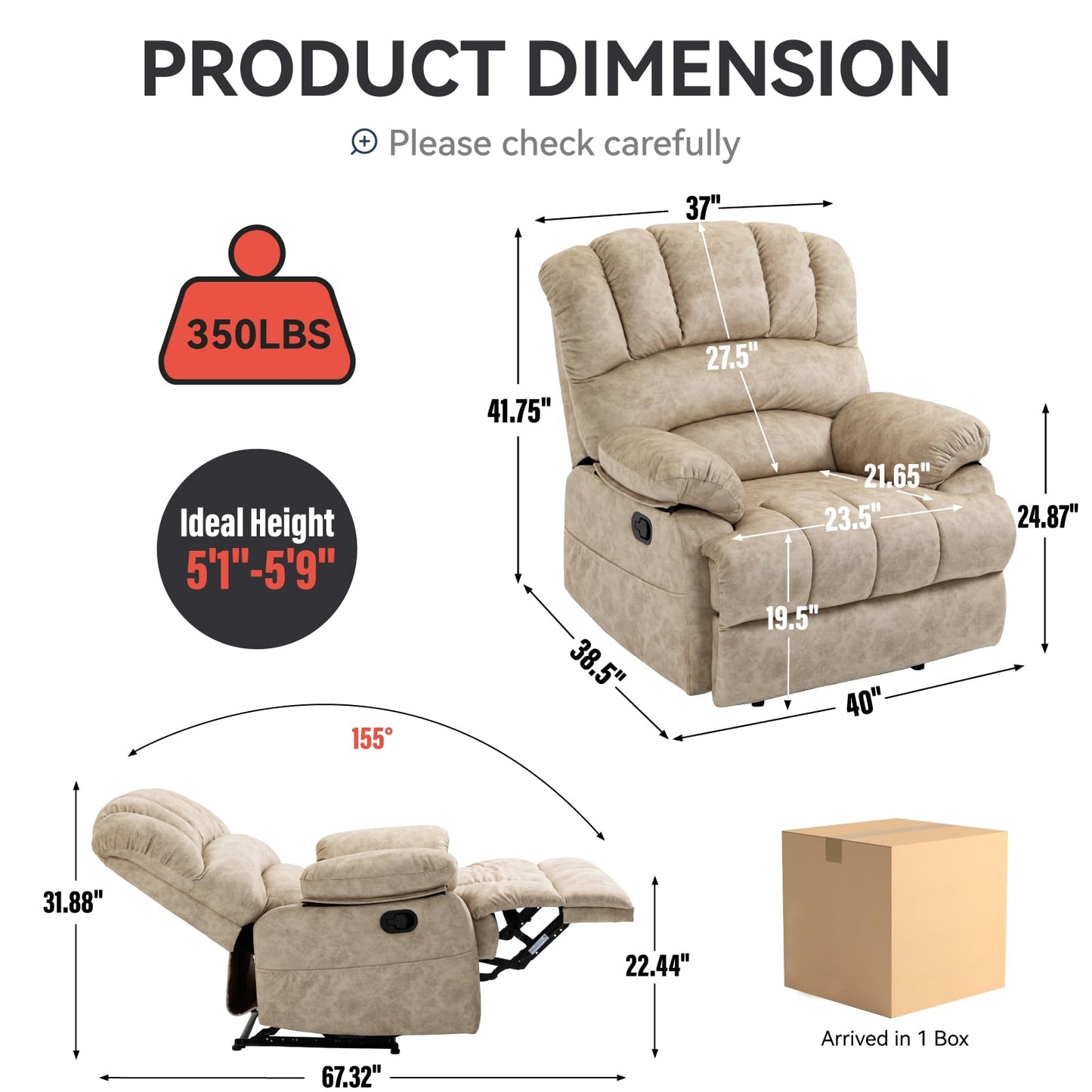 Extra Large Manual Recliner Chair for Comfortable Seating - 40" Wide, Overstuffed Arm and Backrest, Ideal for Living Room, Bedroom, Home Theater