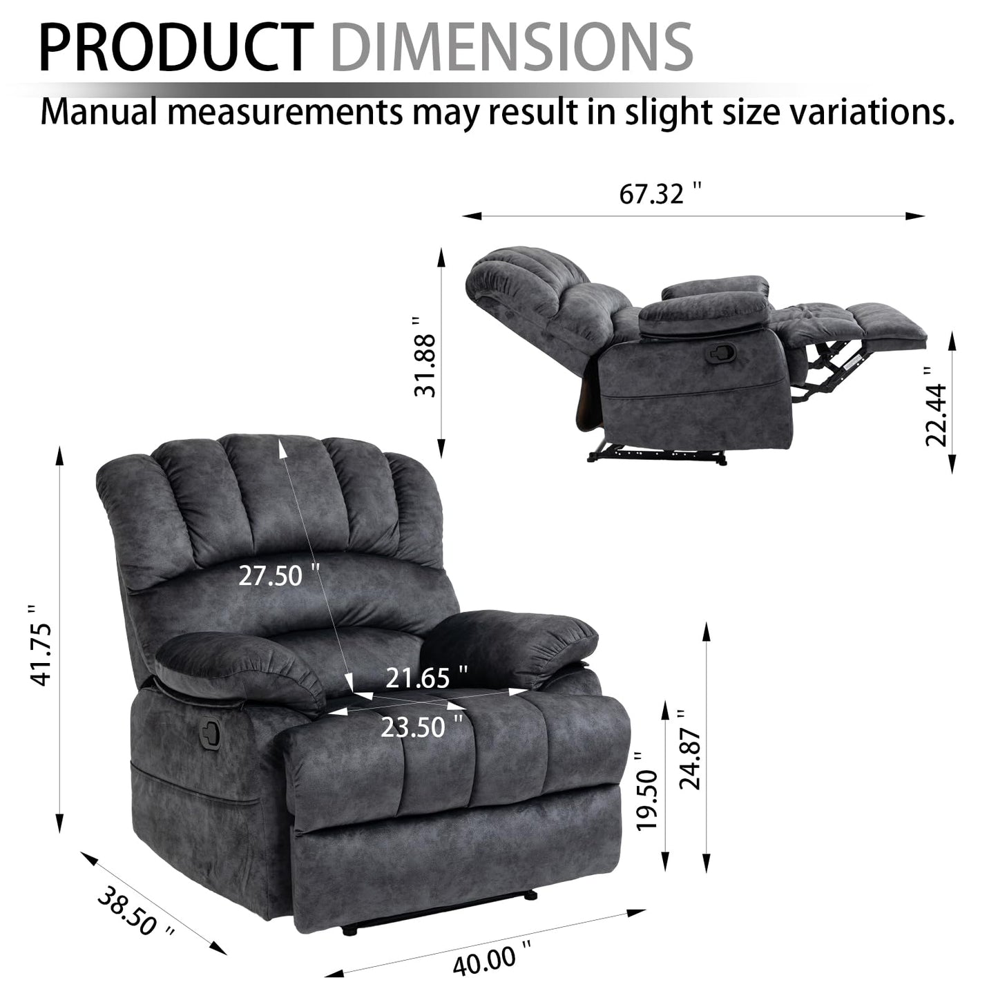 Extra Large Manual Recliner Chair for Comfortable Seating - 40" Wide, Overstuffed Arm and Backrest, Ideal for Living Room, Bedroom, Home Theater