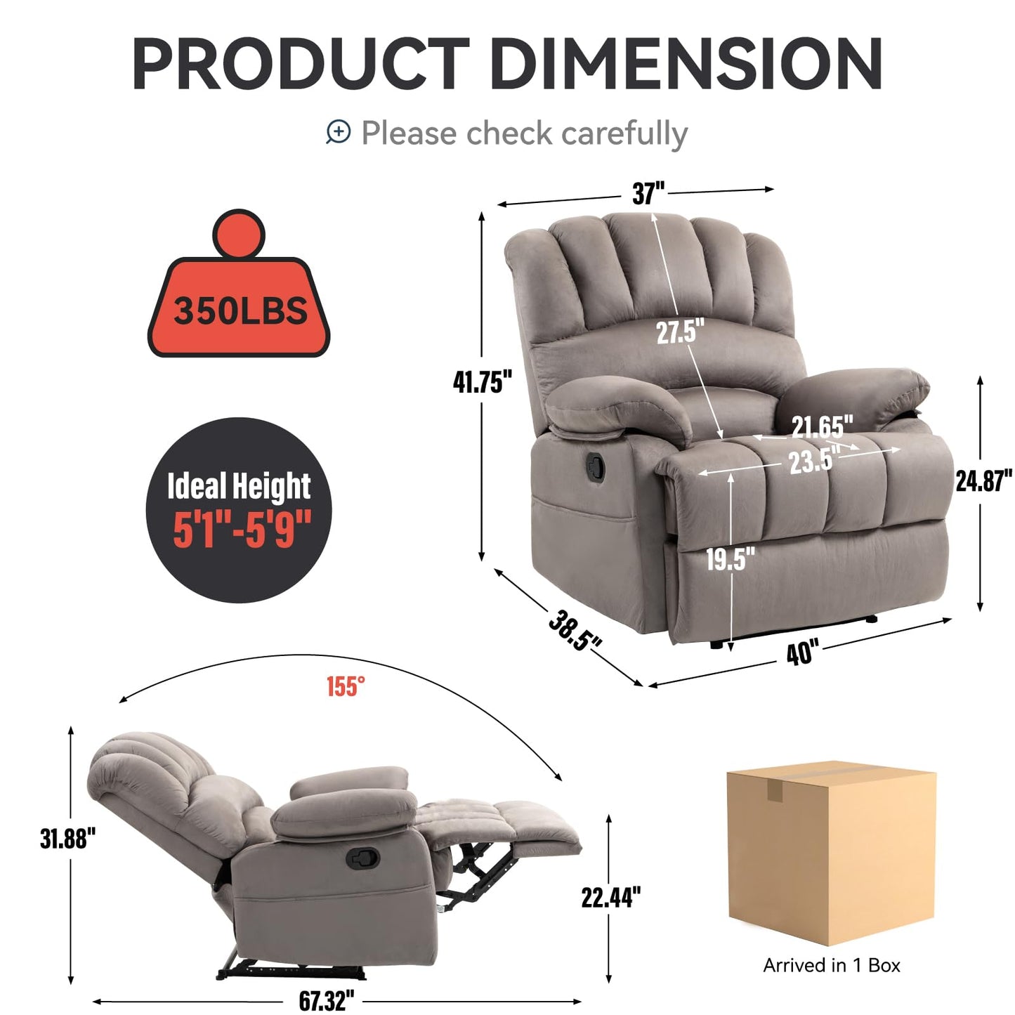 Extra Large Manual Recliner Chair for Comfortable Seating - 40" Wide, Overstuffed Arm and Backrest, Ideal for Living Room, Bedroom, Home Theater