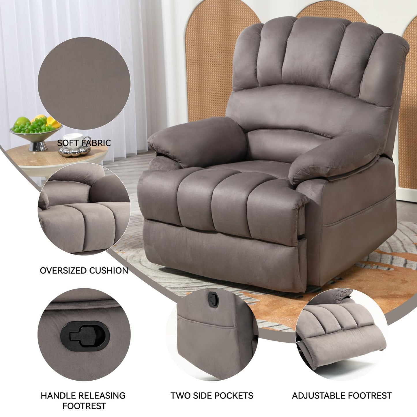 Extra Large Manual Recliner Chair for Comfortable Seating - 40" Wide, Overstuffed Arm and Backrest, Ideal for Living Room, Bedroom, Home Theater