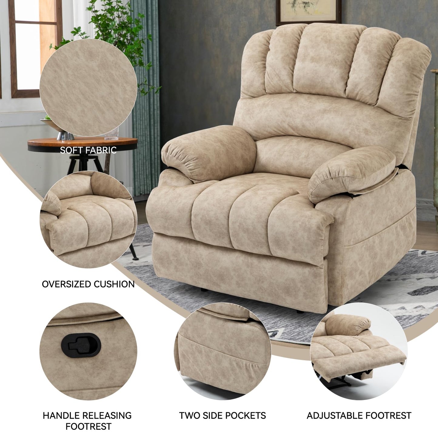 Extra Large Manual Recliner Chair for Comfortable Seating - 40" Wide, Overstuffed Arm and Backrest, Ideal for Living Room, Bedroom, Home Theater