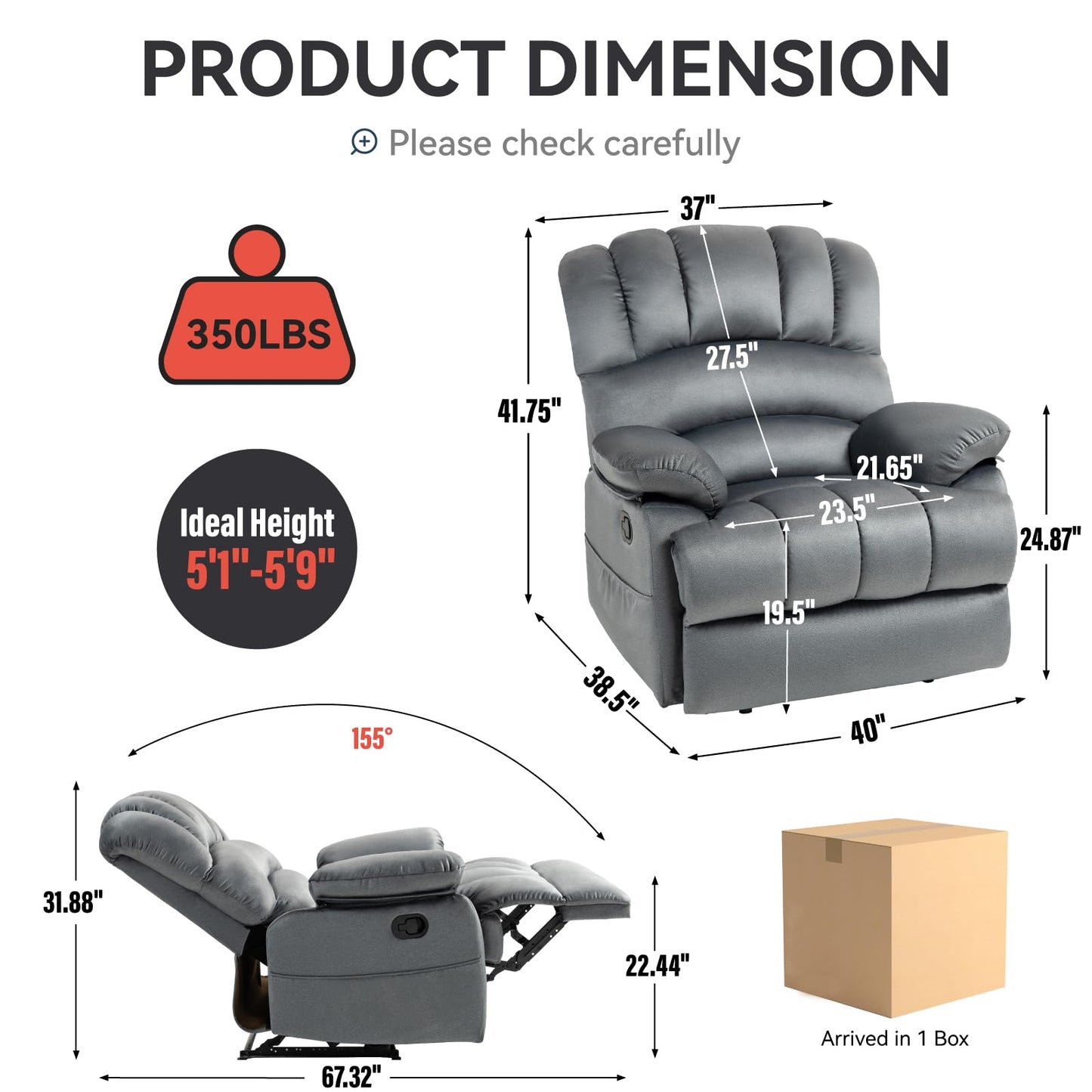 Extra Large Manual Recliner Chair for Comfortable Seating - 40" Wide, Overstuffed Arm and Backrest, Ideal for Living Room, Bedroom, Home Theater