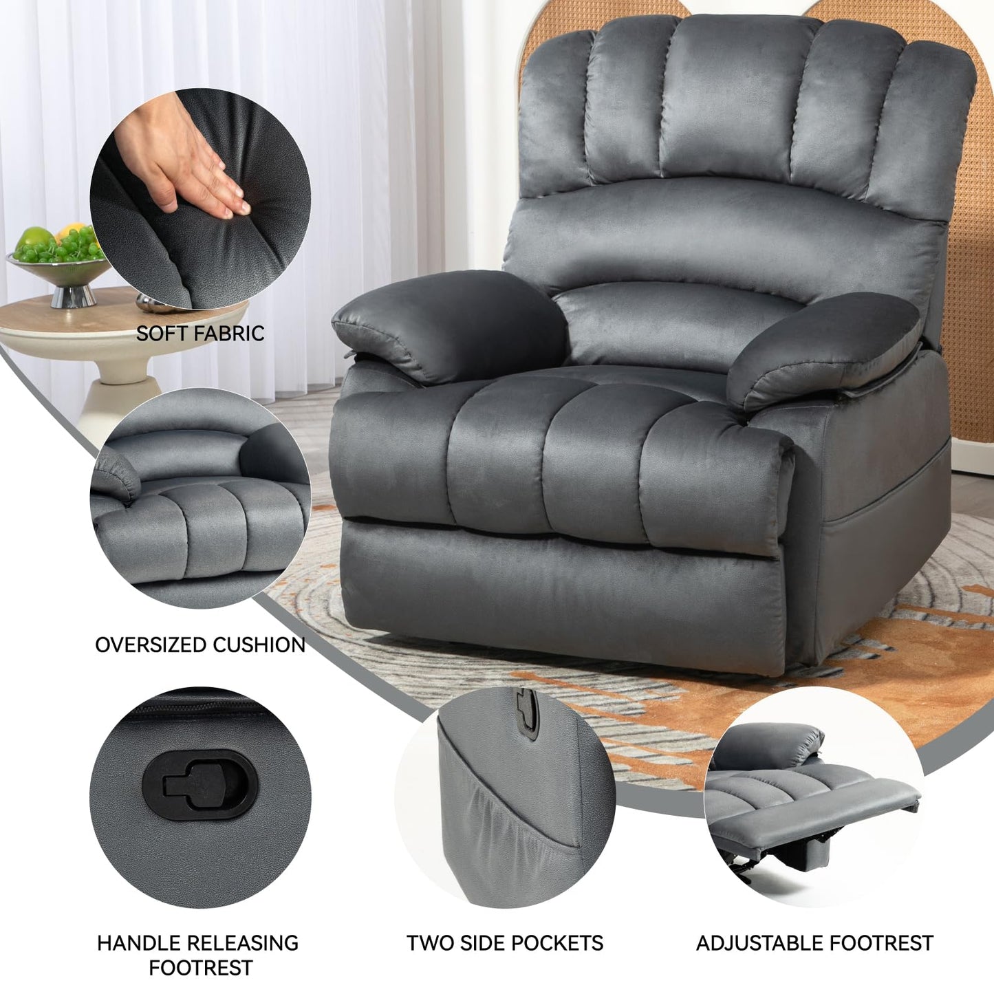 Extra Large Manual Recliner Chair for Comfortable Seating - 40" Wide, Overstuffed Arm and Backrest, Ideal for Living Room, Bedroom, Home Theater