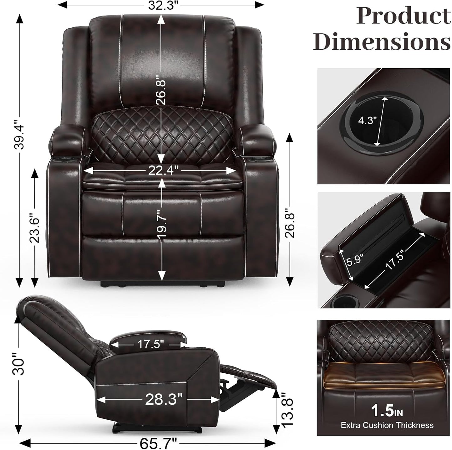LOBERFVE Recliner Chairs for Adults, Oversize Manual Reclining Chair with 2-Tier Cushions, Faux Leather Recliner Chair with Hidden Storage Space, Living Room Recliner Chairs with Cup Holders - Brown