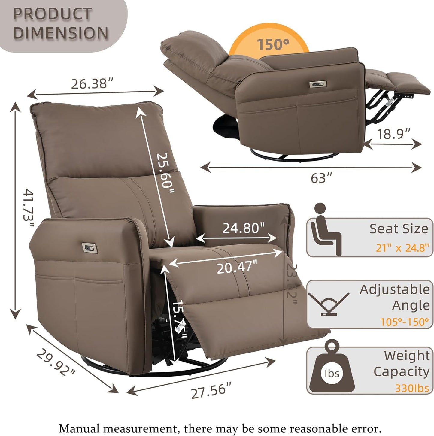 Power Swivel Rocker Recliner Chair for Nursery, Upholstered 270° Swivel Glider Rocker Chair with USB Ports, Small Power Recliners for Small Spaces Living Room