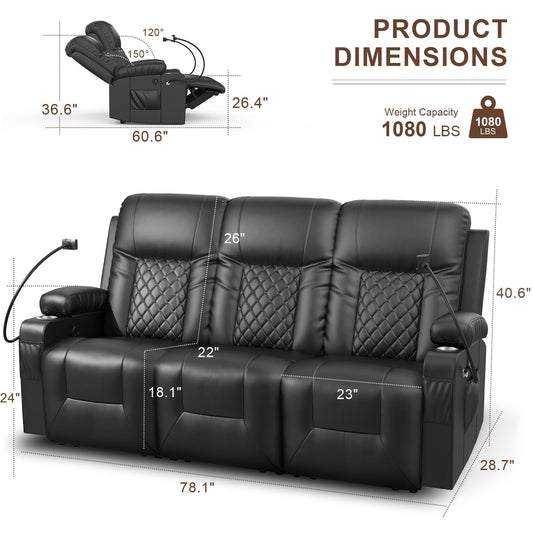 LOBERFVE Recliner Couch, 3 Seater Sofa with Cup Holders for Living Room- Home Theater Seating Chair in Black