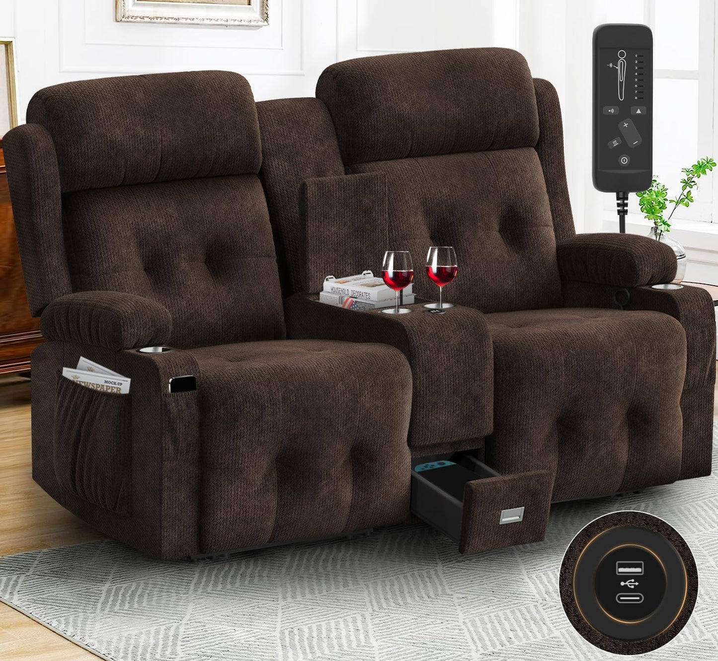 Loberfve Recliner Loveseat, Massage Loveseat Recliner Sofa, Manual Recliners with Console, USB, Type C Port, Storage, Cup Holders, Fluffy Fabric Blue