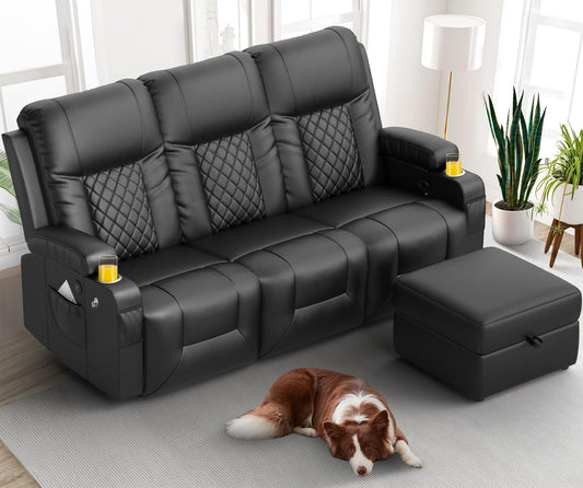 LOBERFVE Recliner Sofa with Storage Ottoman, 3 Seats Recliner, Recliner Couch, Modern Recliner Chair for Living Room, with Cup Holder and 2 Cell Phone Holder, USB Ports