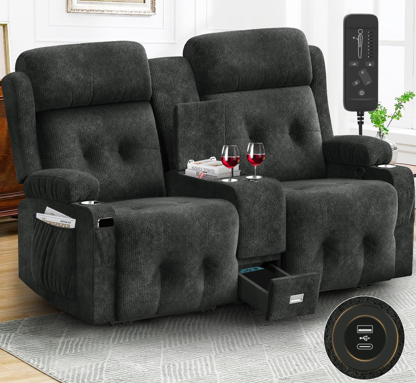 Loberfve Recliner Loveseat, Massage Loveseat Recliner Sofa, Manual Recliners with Console, USB, Type C Port, Storage, Cup Holders, Fluffy Fabric Blue