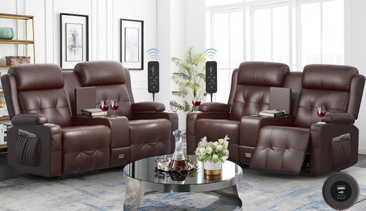 LOBERFVE Reclining Sofa, Massage Loveseat Recliner Sofa Sets, Love Seat Chair with USB, Type C Port, Storage, Cup Holders, Wall Hugger Couch for Living Room, Brown 2+2