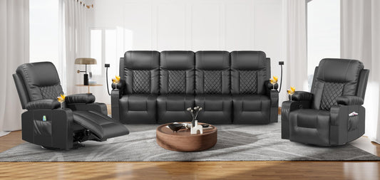 LOBERFVE Recliner Sofa Set with 4+1+1 Pieces in Living Room, 4 Seater Reclining Sofa, 2 Recliner Chair with 360 Degree Swivel Massage Single Seat