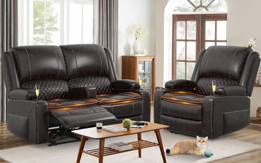 LOBERFVE Recliner Sofa Set with 2-Tier Cushion, 2+1 Pieces in Living Room, 2 Seater Reclining Loveseat Leather with Removable Console, 1 Oversize Recliner Chair Sofa Seat, Brown